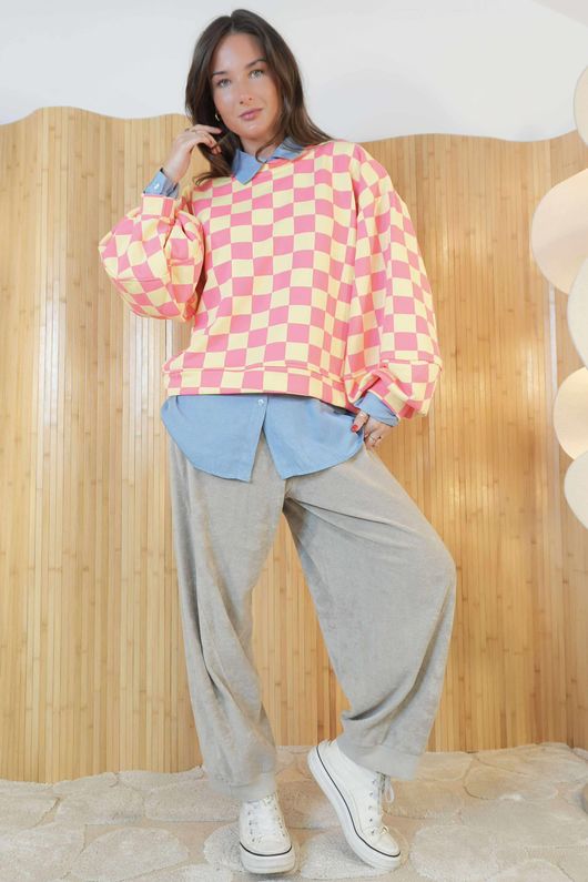 Check Mate Lantern Sleeve Sweat Hot Pink Yellow